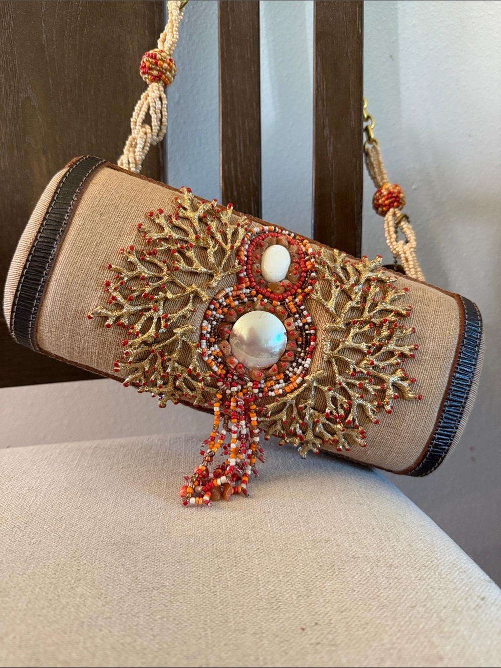 Mary Frances Rare Beaded Embellished Coral Motif Shoulder Bag Gold Tan Red